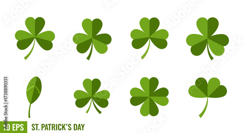Set of green shamrocks and clover leaves for Saint Patricks Day celebration.