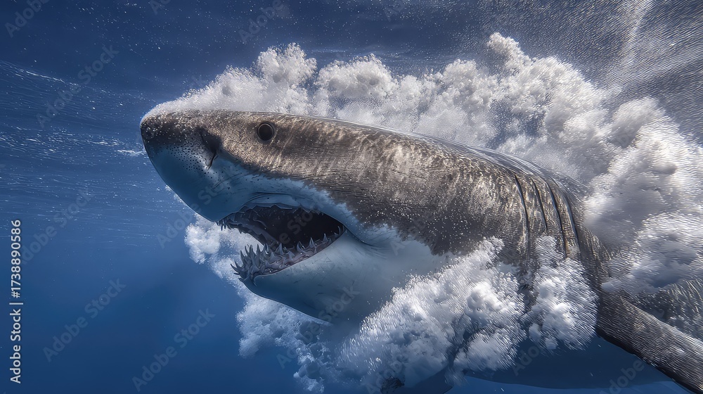 Obraz premium Majestic Great White Shark Breaking Through Ocean Surface, Exuding Power and Agility in Underwater Environment