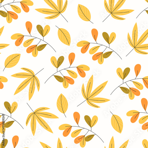 Seamless pattern of yellow orange and olive green autumn leaves