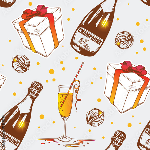 Seamless pattern with champagne bottles gifts and a flute of champagne