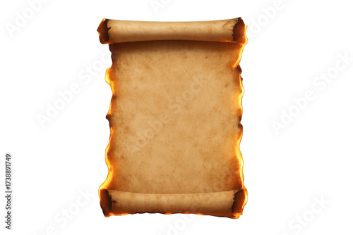 Ancient paper scroll with burning edges on transparent background