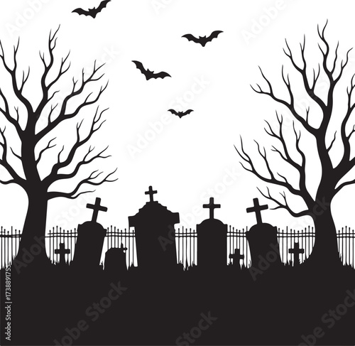 Halloween cemetery silhouette with bats and bare trees