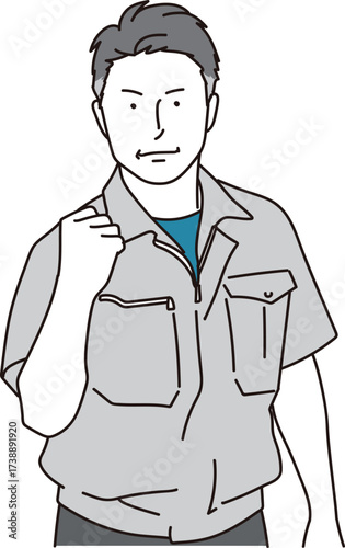 ガッツポーズをする中年の男性作業員のイラスト素材