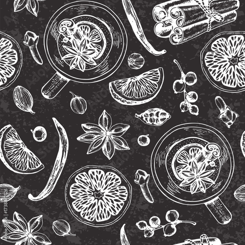 Seamless pattern of mulled wine ingredients on black background