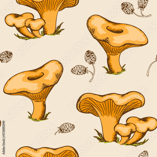 Seamless pattern of orange chanterelle mushrooms with brown outlines and details