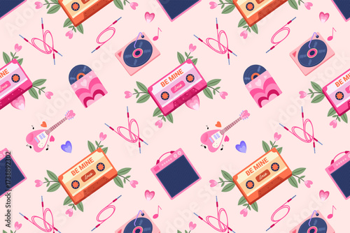 Seamless pattern of musicthemed objects and flowers on a pink background