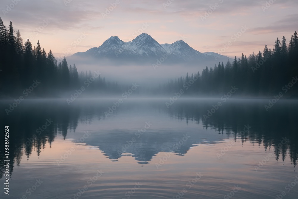Fototapeta premium Misty alpine lake with pine forest reflections and ethereal dawn light creeping in