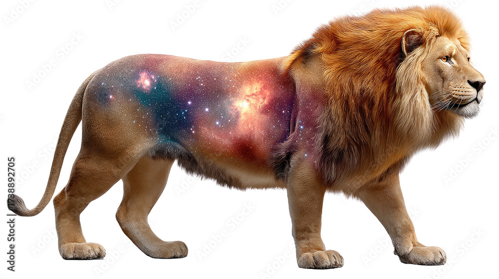 Obraz premium Cosmic Lion: A regal lion, its majestic form interwoven with a breathtaking depiction of the cosmos, stars, and galaxies. This artwork showcases the limitless beauty and mysteries of the universe.