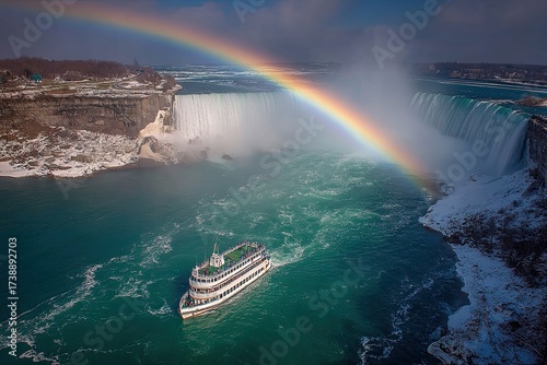 Majestic rainbow over Niagara Falls with boat