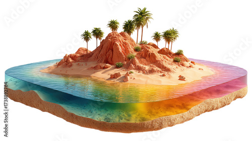 Tropical Island Paradise: A digitally rendered island paradise showcases an idyllic tropical island, the scene is surrounded by multi-colored waters