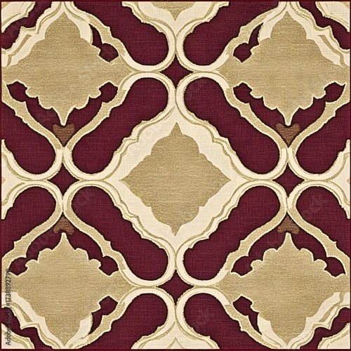 Elegant Maroon and Gold Damask Pattern Rug Design
