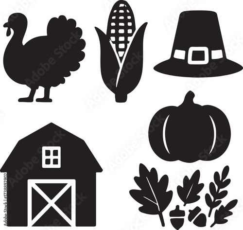 Thanksgiving Essentials Silhouette: A collection of iconic Thanksgiving symbols, from a plump turkey to a ripe pumpkin, evoke the spirit of harvest and gratitude.