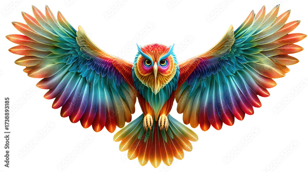 Obraz premium Colorful Owl in Flight: A vibrantly colored owl soars, its rainbow-hued feathers spread wide in a symbol of freedom and majestic grace. Capturing the spirit of nature through vivid.