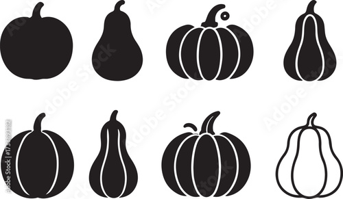 Pumpkin Variety Illustration: A collection of pumpkin silhouettes in diverse shapes, showcasing the essence of autumn harvest in minimalist style.