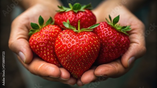 Fresh strawberries held in hands, showcasing their vibrant red color and natural shine, emphasizing freshness and abundance.
