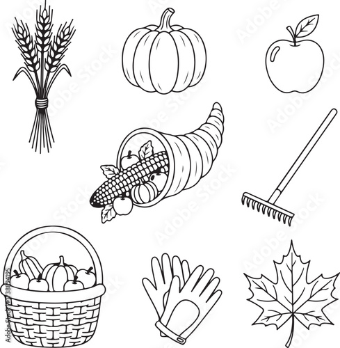 Harvest Bounty: A collection of hand-drawn illustrations capturing the essence of a bountiful autumn harvest season. Featuring wheat, pumpkin, apple, cornucopia, rake, basket, gloves.