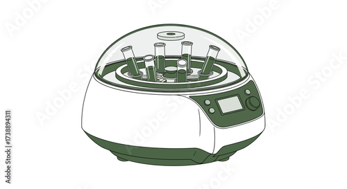 Centrifuge instrument illustration showcasing vials within transparent enclosure for scientific
