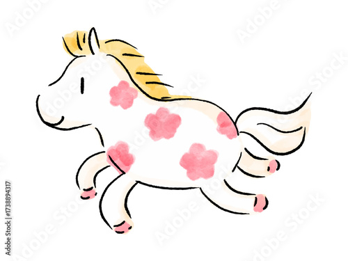 かわいい手書きの馬　花の模様　水彩イラスト