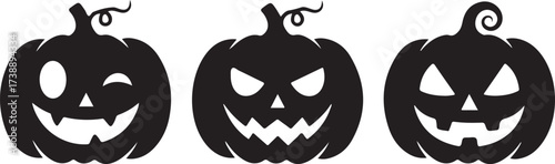 Halloween Pumpkins: A trio of spooky pumpkins, each carved with a unique expression, stand in silhouette, embodying the playful fright of Halloween.