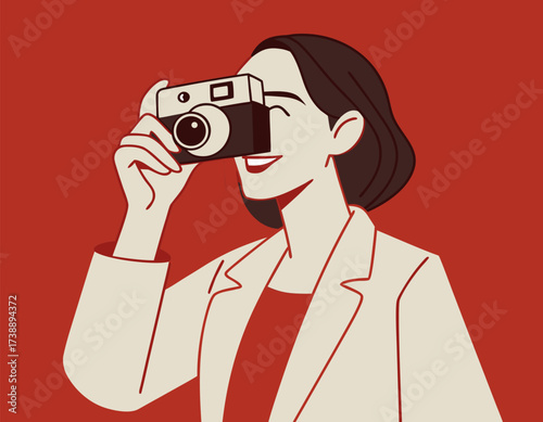 Stylish Woman Capturing Moment with Retro Film Camera on Terracotta Background