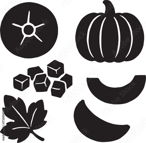 Silhouette of Harvest Bounty: A simple, artistic illustration featuring the iconic shapes of a pumpkin, star-shaped vegetable, cubed pieces, leafy element and cut-fruit.