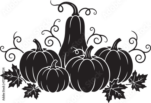 Harvest Bounty Silhouette: A stylized silhouette showcases a bountiful harvest, featuring pumpkins and autumn leaves arranged in an intricate and artistic design. Embodying the season's essence.