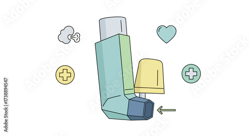Illustration depicting asthma inhaler for respiratory relief and improved breathing function