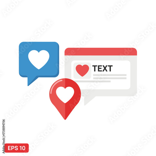 Social media icons with hearts and text bubbles for communication and engagement.
