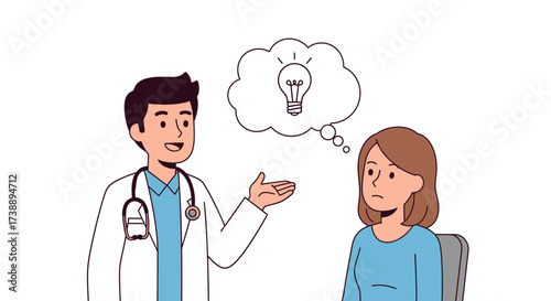 Doctor sharing inventive solution to patient, represented with light bulb idea