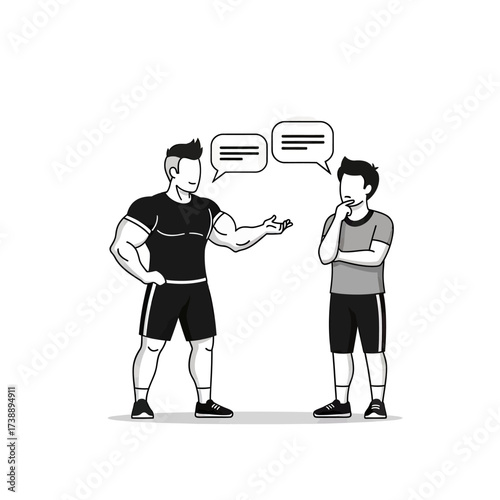 Muscular coach providing guidance to client, offering advice and tailored support towards fitness