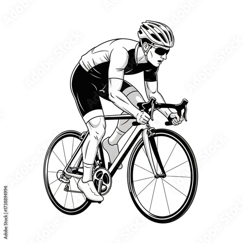 Dynamic cyclist illustration showcasing intense focus and determined motion in monochrome