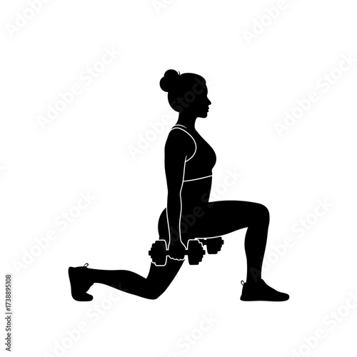 Silhouette of athletic woman performing lunges with dumbbells for strength and fitness