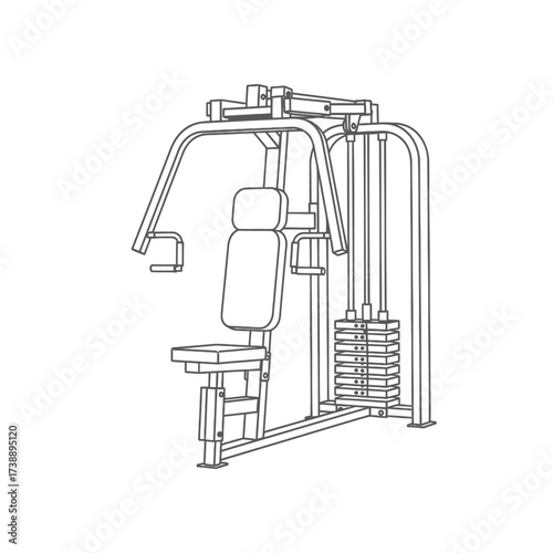 Isometric line drawing of a chest press machine for fitness with a clear isolated background