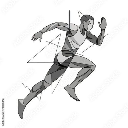 Dynamic geometric design illustration of a stylized athlete in full sprint motion artwork