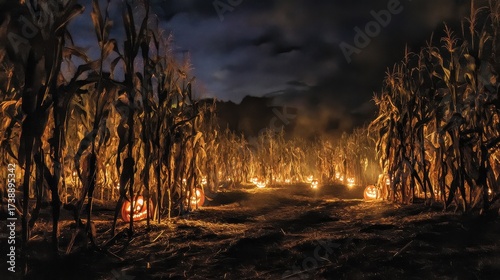 A corn field with a fire burning in the middle