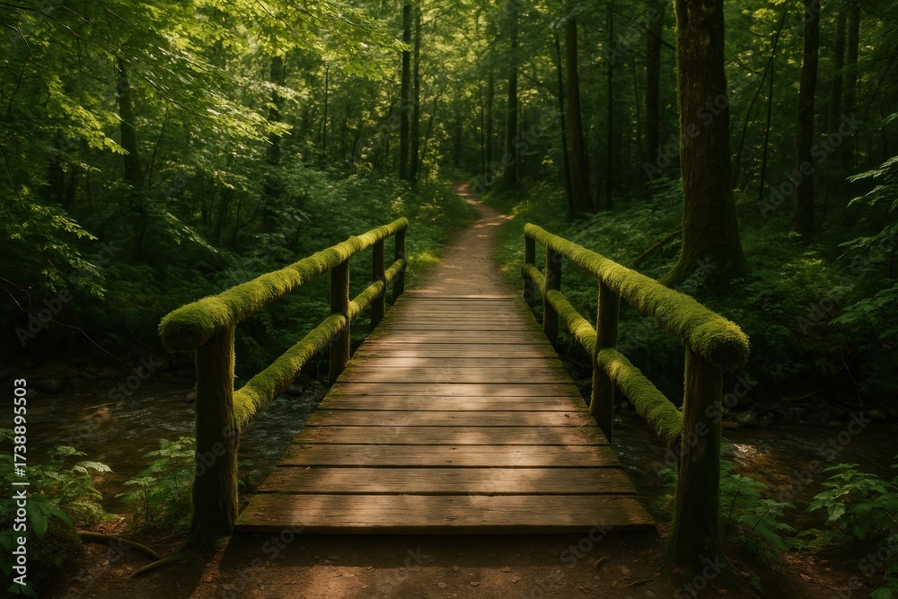 Fototapeta premium Weathered wooden footbridge over calm stream leading into lush green forest trail