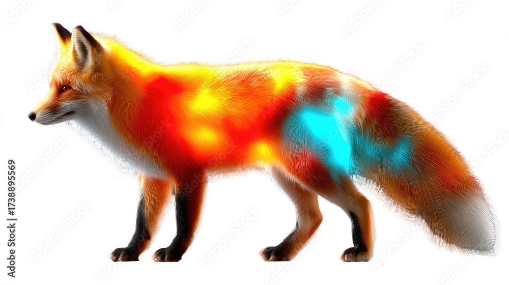 Fototapeta premium Heatmap Fox: An eye-catching depiction of a fox, radiating a vivid spectrum of colors to visualize internal warmth and energy, highlighting the animal's vibrant essence.