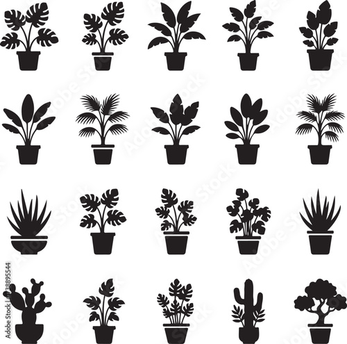 Botanical Silhouette Collection: A graphic compilation showcases a variety of potted plants, featuring sleek silhouettes of diverse foliage that exude modern minimalist design.