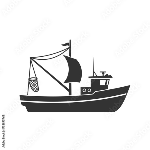 Silhouette of a classic fishing vessel at sea evoking maritime industry and tradition