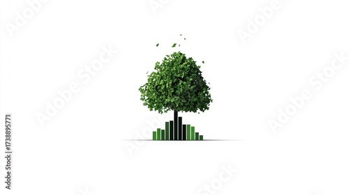 Green tree growing from bar chart base symbolizing sustainable development, eco-friendly economic growth, renewable progress, and environmental responsibility in business