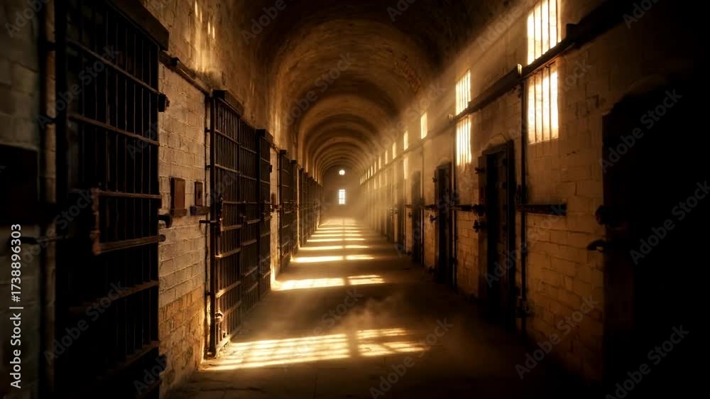 An ominous jail corridor shows rows of cells with barred doors as ...