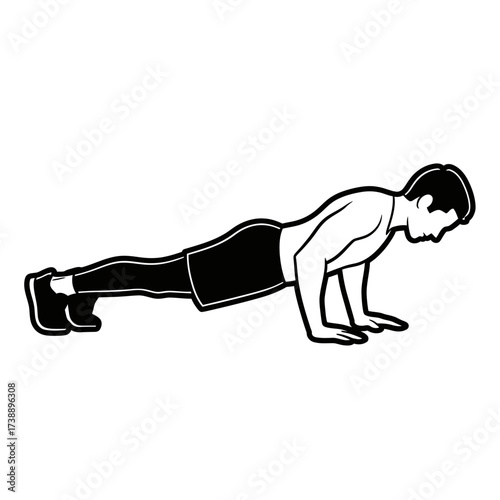 Illustration of a determined man performing push-ups for fitness and wellness routine
