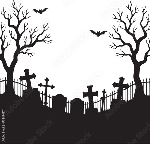 Halloween graveyard silhouette with bare trees and bats