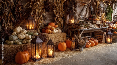 A table with pumpkins and candles on it