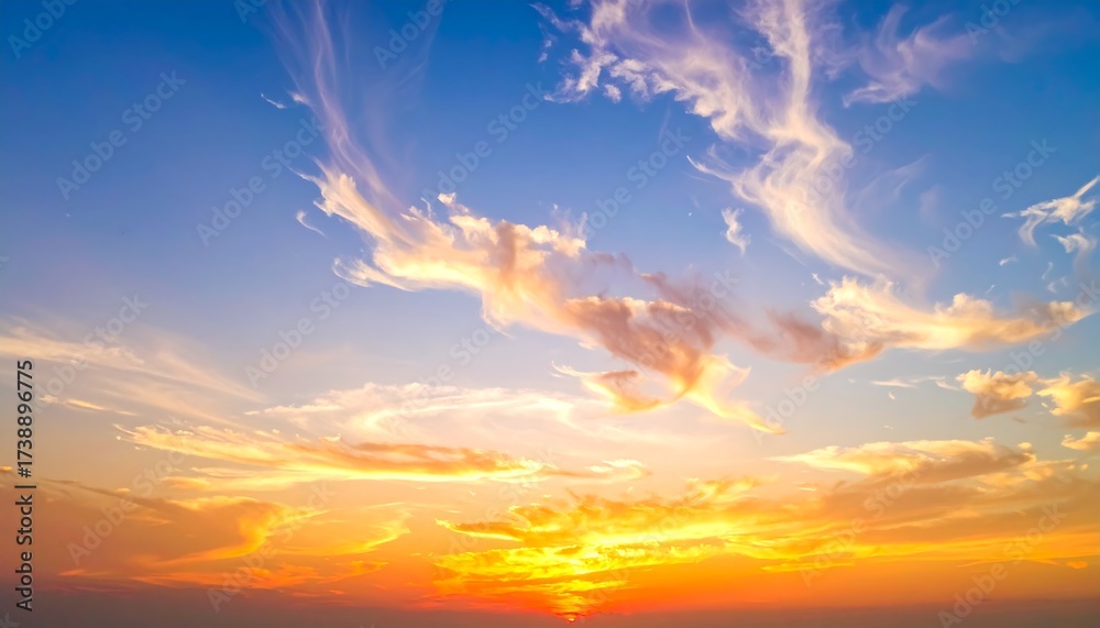 Naklejka premium Vibrant Sunset Sky with Wispy Golden Clouds