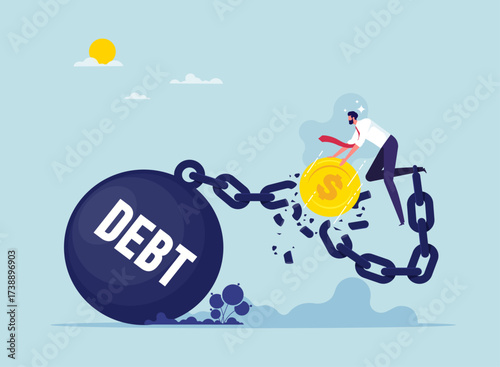 Debt free or freedom for pay off debts concept, loan or mortgage, solution to solve financial problem, businessman use dollar coin to break heavy chain burden