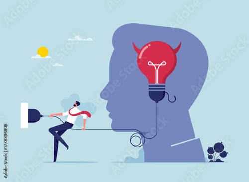 Evil and negative opinion or bad idea concept, businessman trying to unplug bad idea light bulb
