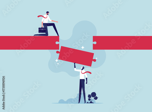 Human and AI Artificial Intelligence working together concept, machine or automation to help or support work, businessman and AI robot building connect jigsaw puzzle bridge
