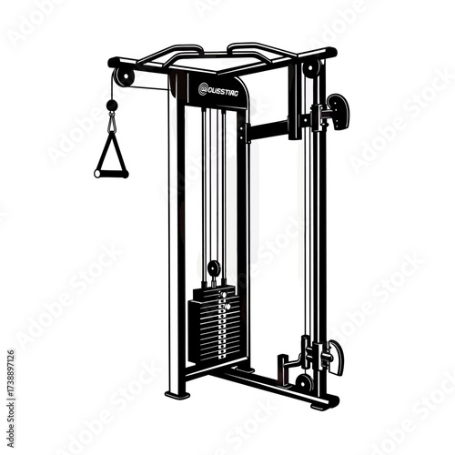 Detailed monochrome illustration of a versatile cable machine for strength training and conditioning