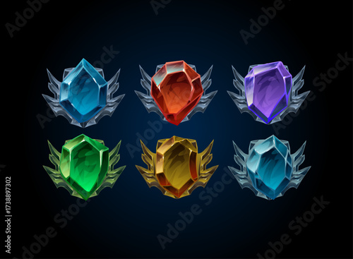 Fantasy crystal rank badge set. Colorful magical gemstone emblems with silver wings. RPG ranking system icons for games, achievement rewards, leaderboard medals, and collectible progression elements